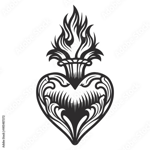 Burning heart with intricate ornaments, surrounded by thorns, symbolizing romantic passion, spiritual devotion, medieval symbolism in monochrome style.