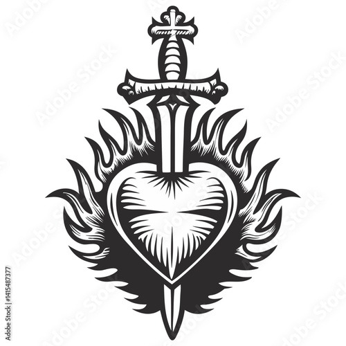 Monochrome vector sacred heart pierced by medieval dagger, bleeding with symbolic religious passion, representing love, sacrifice for traditional tattoo, emblem artwork.