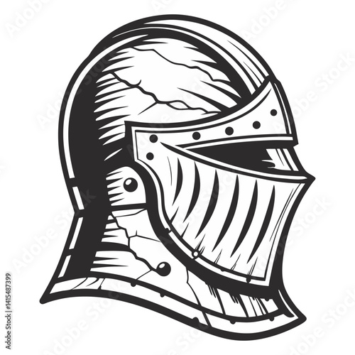 Medieval knight helmet with visor and metal plates. Classic combat armor for medieval soldier or warrior. Vector helmet for history project, game, tattoo, or print design.