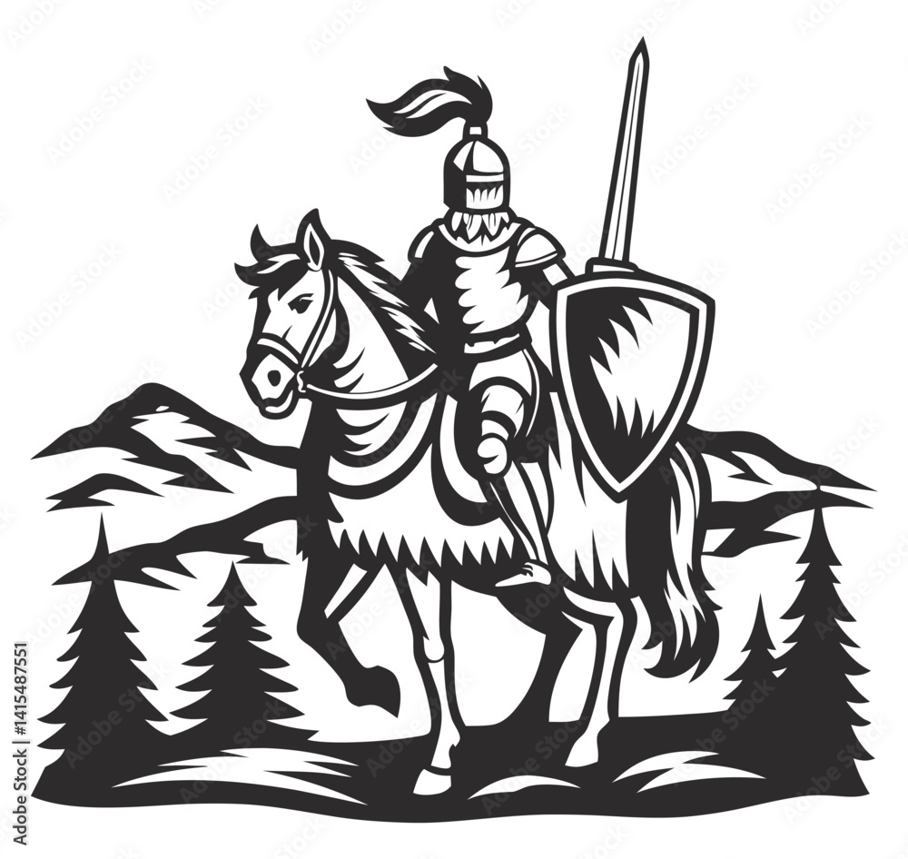 Fototapeta premium Medieval knight charging on horseback, wielding raised sword, silhouetted against castle, rocky cliff in black and white sketch. Classic design for chivalry, warfare, game, tattoo, or print project.