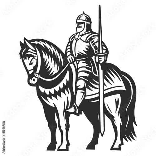 Medieval knight in full plate armor, gripping lance, riding stallion sideways in monochrome. Vintage woodcut style for historical combat, chivalry, game, tattoo, or print project.