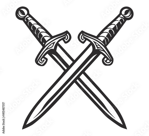 Medieval swords intersecting, forming x shape, ornate craftsmanship, historical and fantasy design contexts in monochrome graphic style.
