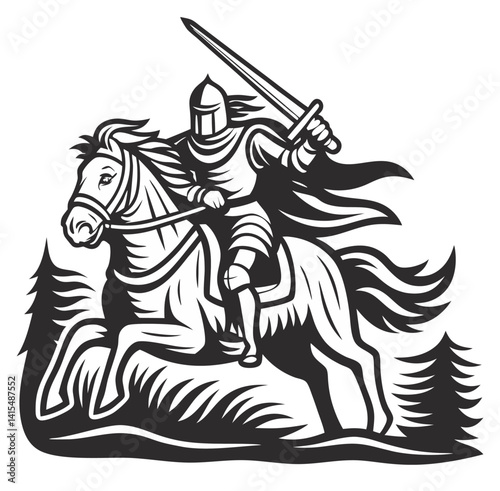 Medieval knight charging on horseback, wielding raised sword, silhouetted against castle, rocky cliff in black and white sketch. Classic design for chivalry, warfare, game, tattoo, or print project.