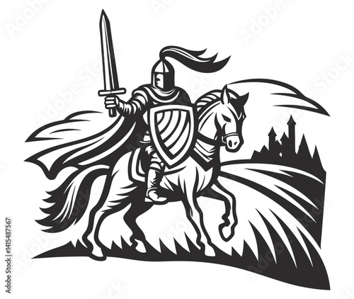 Medieval knight charging on horseback, wielding raised sword, silhouetted against castle, rocky cliff in black and white sketch. Classic design for chivalry, warfare, game, tattoo, or print project.