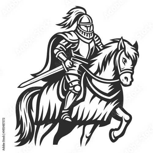 Powerful knight in full armor riding horse with sword, embodying medieval chivalry, warfare in black and white design. Classic design for historical combat, game, tattoo, or print project.