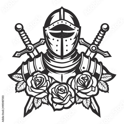 Medieval knight wearing detailed armor with swords, standing amid ornate roses. Classic design for historical, fantasy themes, game, tattoo, or print project.