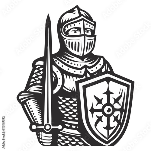Medieval knight in plate armor with sword and shield. Monochrome vintage design for chivalry, combat, cross, strength, medieval warfare, tattoo, print, historical theme.