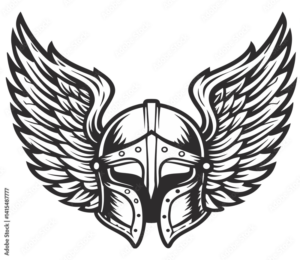 Obraz premium Monochrome medieval knight helmet with large wings. Courage, honor, and chivalrous spirit of warrior from Middle Ages, suitable for fantasy and historical design themes.