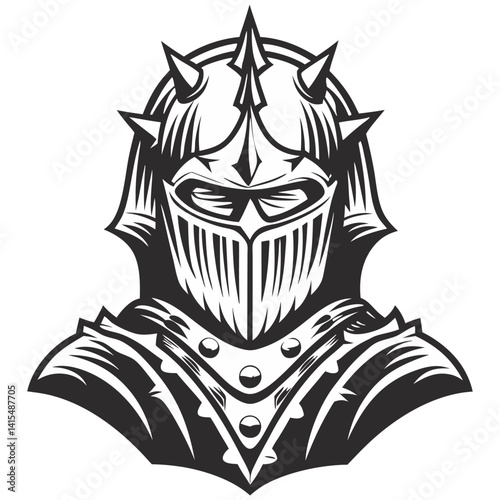 Monochrome medieval knight in chain mail armor, wearing spiked helmet, embodying warrior spirit with powerful, resolute stance.
