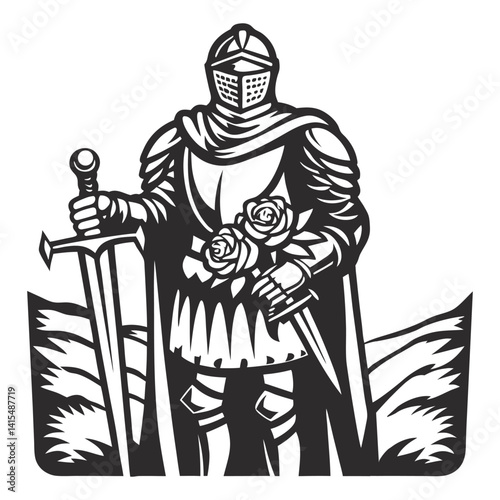Medieval knight in armor holding sword and rose. Monochrome vintage design for chivalry, romance, strength, contrast, fantasy theme, tattoo, print, historical concept.