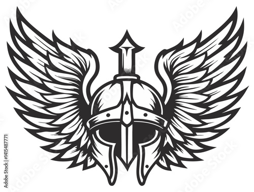 Monochrome medieval knight helmet with large wings. Courage, honor, and chivalrous spirit of warrior from Middle Ages, suitable for fantasy and historical design themes.