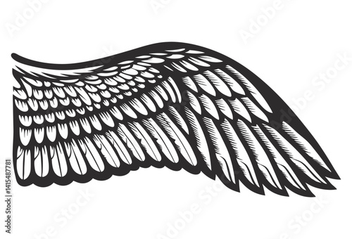 Expansive mythical wing spreading with detailed feather structure, monochrome composition, medieval heraldry, strength, freedom, suitable for historical fantasy vector design purposes.