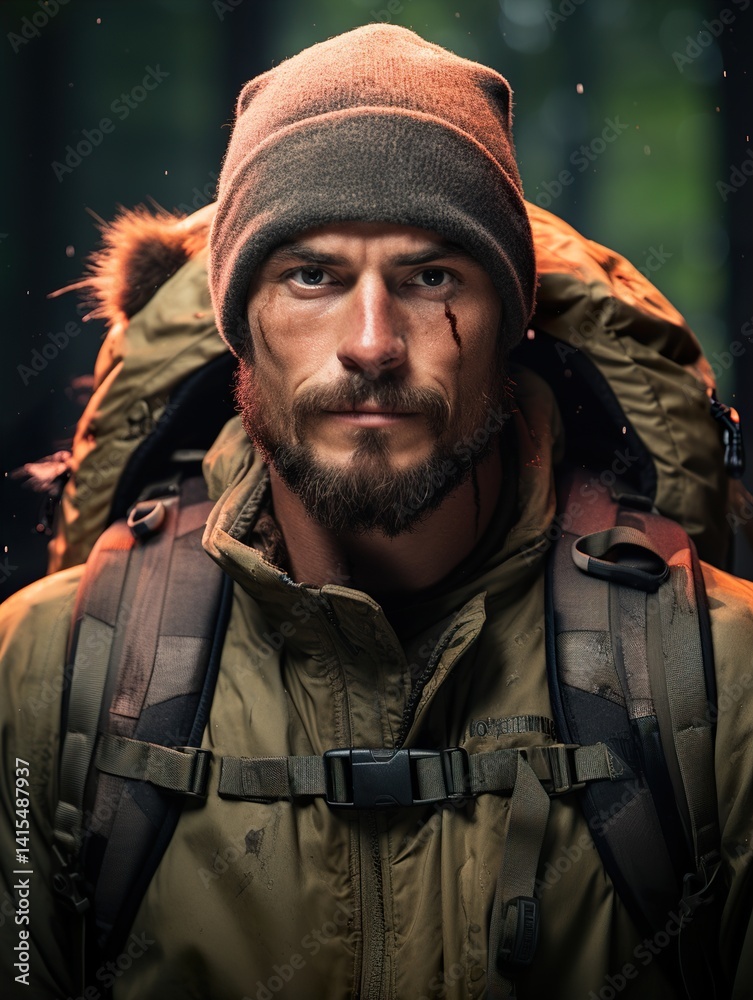 Fototapeta premium A man with a beard and a beanie wearing a backpack in a forest looking at the viewer with a serious face