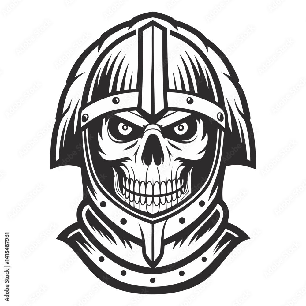 Fototapeta premium Monochrome skull with medieval knight's helmet and chain mail, symbolizing mortality and brutal warfare during historical knight period.