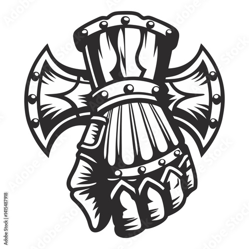 Metallic medieval gauntlet protecting warrior's hand, featuring articulated fingers, reinforced plates, and riveted construction, symbolizing knight's armor and battle readiness