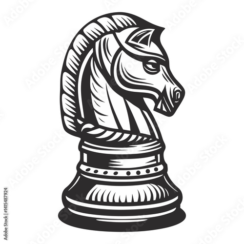 Monochrome vector illustration showcasing knight chess piece, medieval strategy, power, timeless allure of classic game