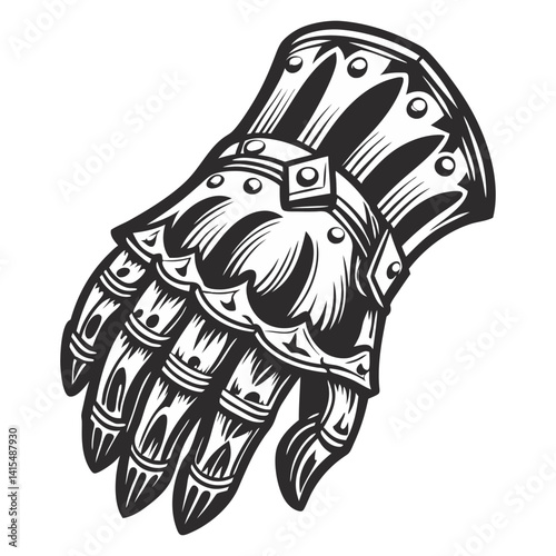 Metallic medieval gauntlet protecting warrior's hand, featuring articulated fingers, reinforced plates, and riveted construction, symbolizing knight's armor and battle readiness