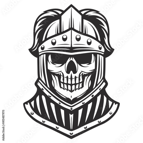 Monochrome skull with medieval knight's helmet and chain mail, symbolizing mortality and brutal warfare during historical knight period.