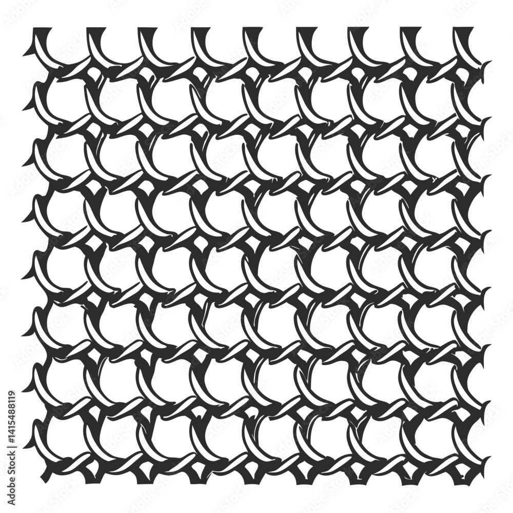Seamless pattern of interlocking metal rings forming chainmail fabric, reminiscent of medieval armor, protective gear, textured, repetitive design.