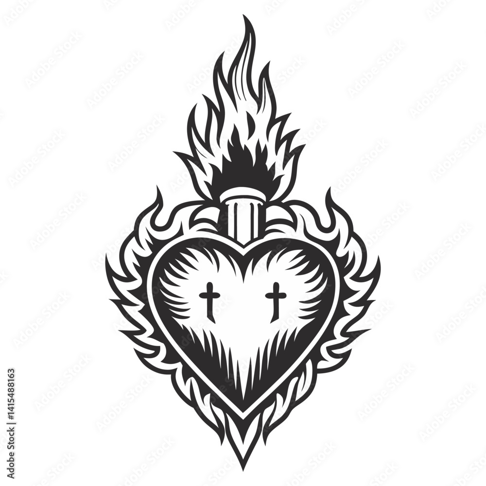 Burning heart with intricate ornaments, surrounded by thorns, symbolizing romantic passion, spiritual devotion, medieval symbolism in monochrome style. Burning heart with intricate ornaments, surrounded by thorns, symbolizing romantic passion, spiritual devotion, medieval symbolism in monochrome style.
