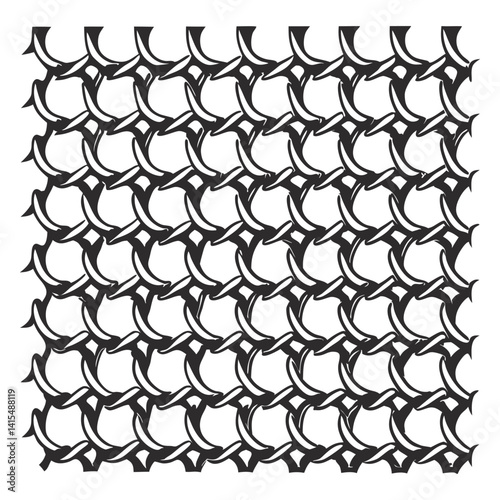 Seamless pattern of interlocking metal rings forming chainmail fabric, reminiscent of medieval armor, protective gear, textured, repetitive design.