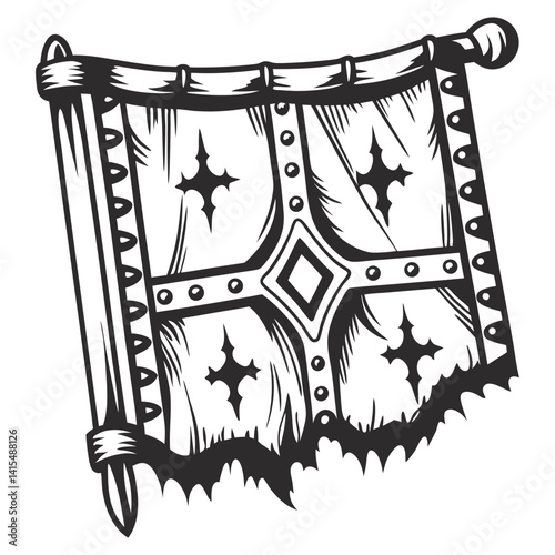 Medieval tattered flag with weathered crosses, flying against muted background, historical heritage, vintage monochrome aesthetic