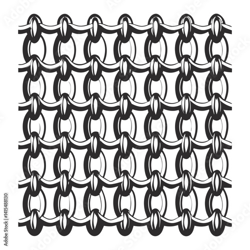 Seamless pattern of interlocking metal rings forming chainmail fabric, reminiscent of medieval armor, protective gear, textured, repetitive design.