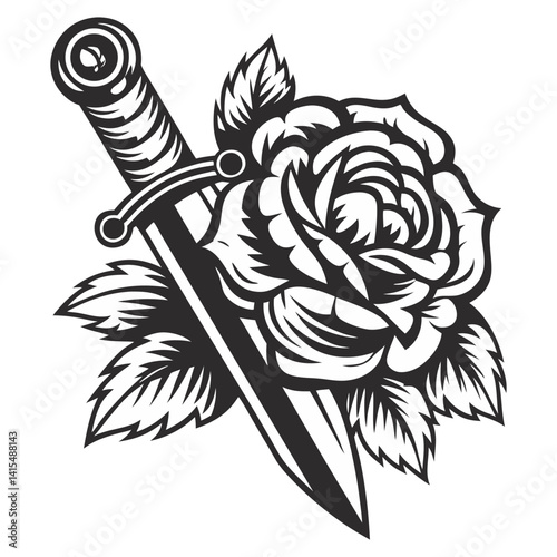 Monochrome vector graphic rendering medieval dagger piercing delicate rose, symbolizing contrast between fragile beauty, threatening darkness in gothic style.
