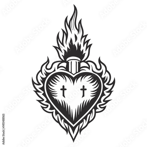 Burning heart with intricate ornaments, surrounded by thorns, symbolizing romantic passion, spiritual devotion, medieval symbolism in monochrome style.
