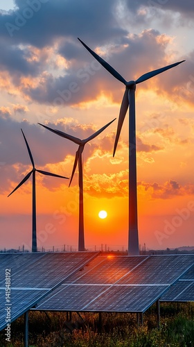 Wind turbines and solar panels at sunset (2)