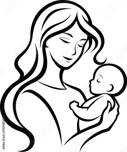 A woman with a baby in her arms Silhouette, Mother holds baby line art design, Vector illustration, Mother holding baby silhouette.