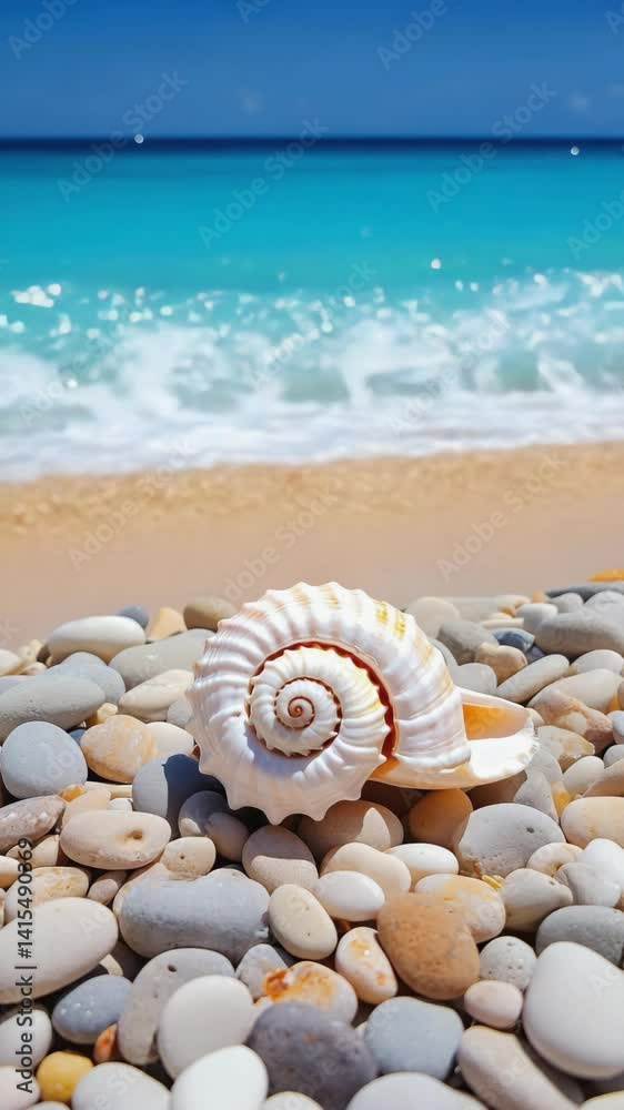 Spiral seashell rests on smooth pebbles, ocean waves softly break on the shoreline, summer vacation vibes