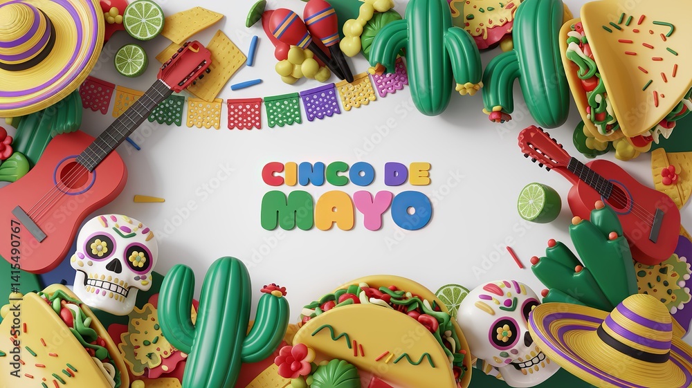 Naklejka premium Vibrant Mexican Culture Display with Sombreros, Sugar Skulls, and Festive Foods background, for cinco de mayo