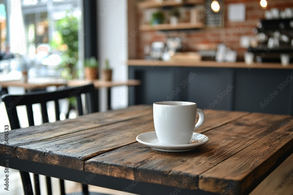Coffee cup sitting on rustic wooden table in cozy cafe Coffee cup sitting on rustic wooden table in cozy cafe