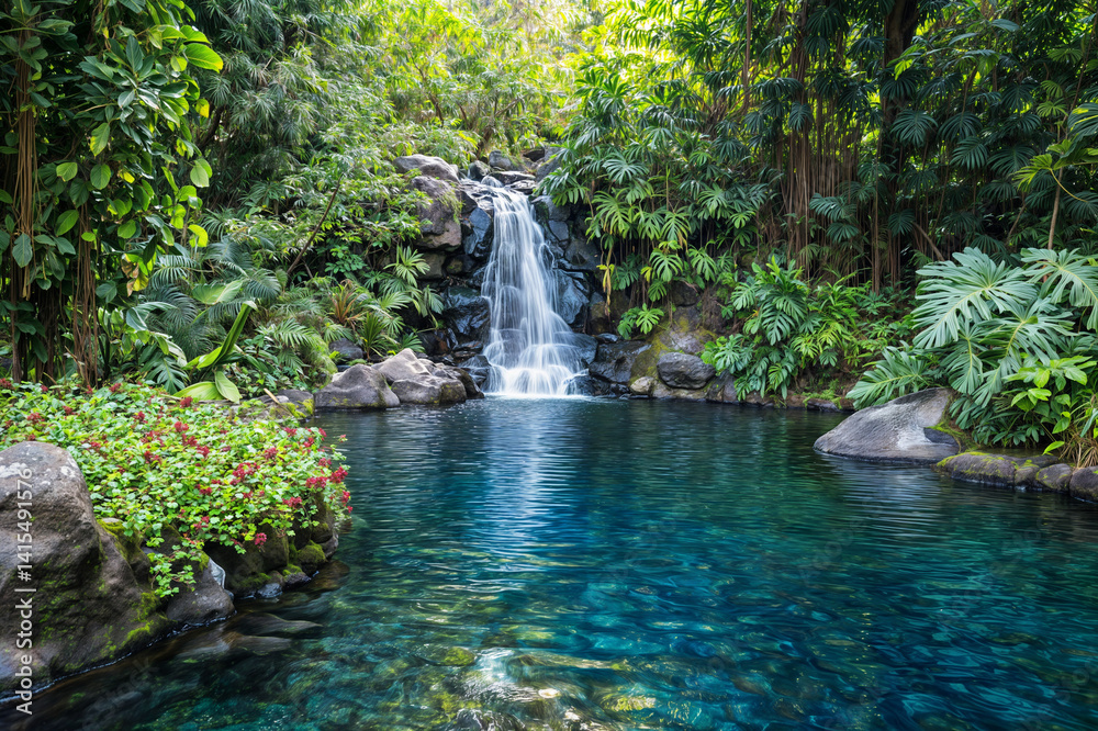 The image depicts a serene tropical scene with a waterfall cascading into a tranquil pool surrounded by lush greenery and vibrant plants