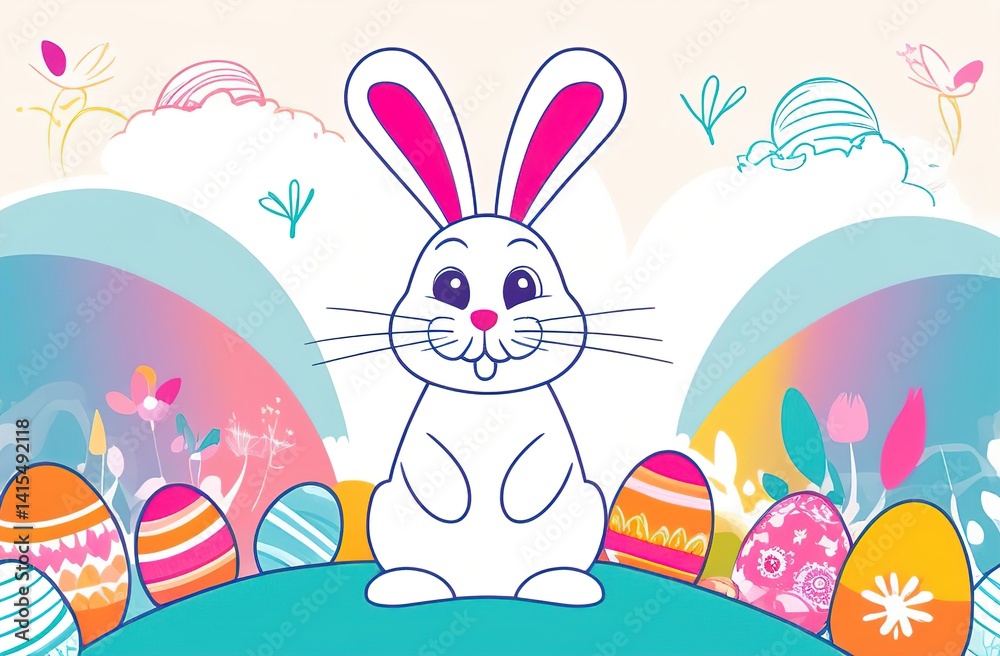 Fototapeta premium happy Easter. Colorful eggs and a rabbit. An atmospheric, beautiful, stylish postcard. Easter holiday.
