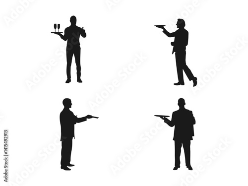 server holding a tray silhouette. Full length of a silhouette waiter with a wine glass. Waitress silhouette holding a tray with wine glasses and a bottle. Silhouette vector on a white background.