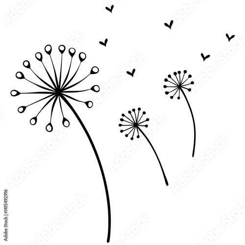 Dandelion seeds flying as tiny hearts outline