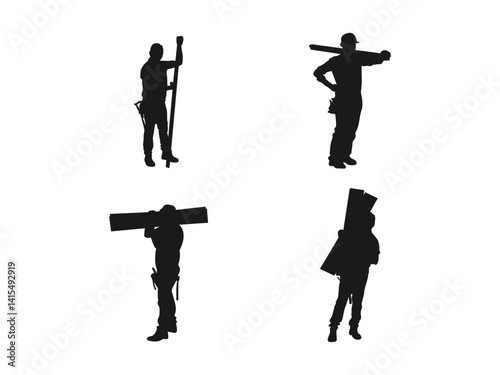 A joiner at work. A carpenter works with a tool on wood. Woodworking. Wood carver. Joiner silhouette with German job title. Construction worker with saw silhouette vector on white background.