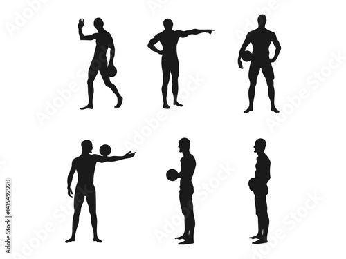 set of silhouettes of water polo players with different poses, gestures.Water polo player with ball, isolated vector silhouette. Silhouette vector on a white background.
