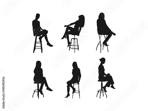 Girl based on a bar stool silhouette set. A sexy girl based on a bar stool. sensual silhouette of a woman standing by a chair. Silhouette vector on a white background.