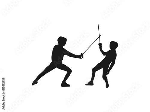 Fencer silhouette illustration. Black silhouette of two fencers engaged in a sword fight isolated.  Fencers dueling with swords in a dramatic battle. Fencing Silhouette on white background.