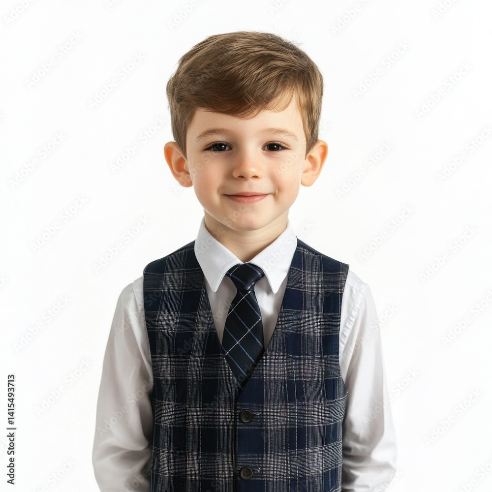 Realistic portrait of a cheerful 7-year-old schoolboy in a school uniform, captured waist-length on a white background. High-resolution, 8k image showcasing detailed skin and a joyful expression Realistic portrait of a cheerful 7-year-old schoolboy in a school uniform, captured waist-length on a white background. High-resolution, 8k image showcasing detailed skin and a joyful expression