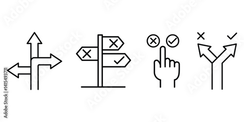 Checkmark and cross with finger point icons. Tick and disagree cross choose icon set. Vector illustration.