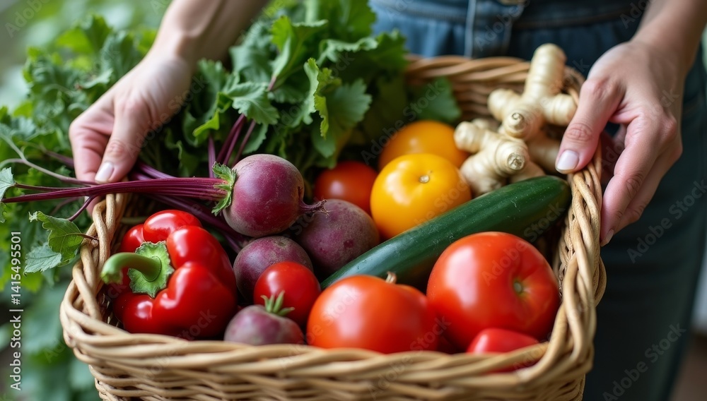 Fototapeta premium Woman holding a basket of vegetables
