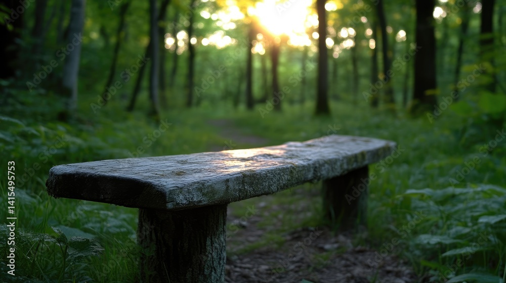 Fototapeta premium Rustic stone bench in sunlit forest