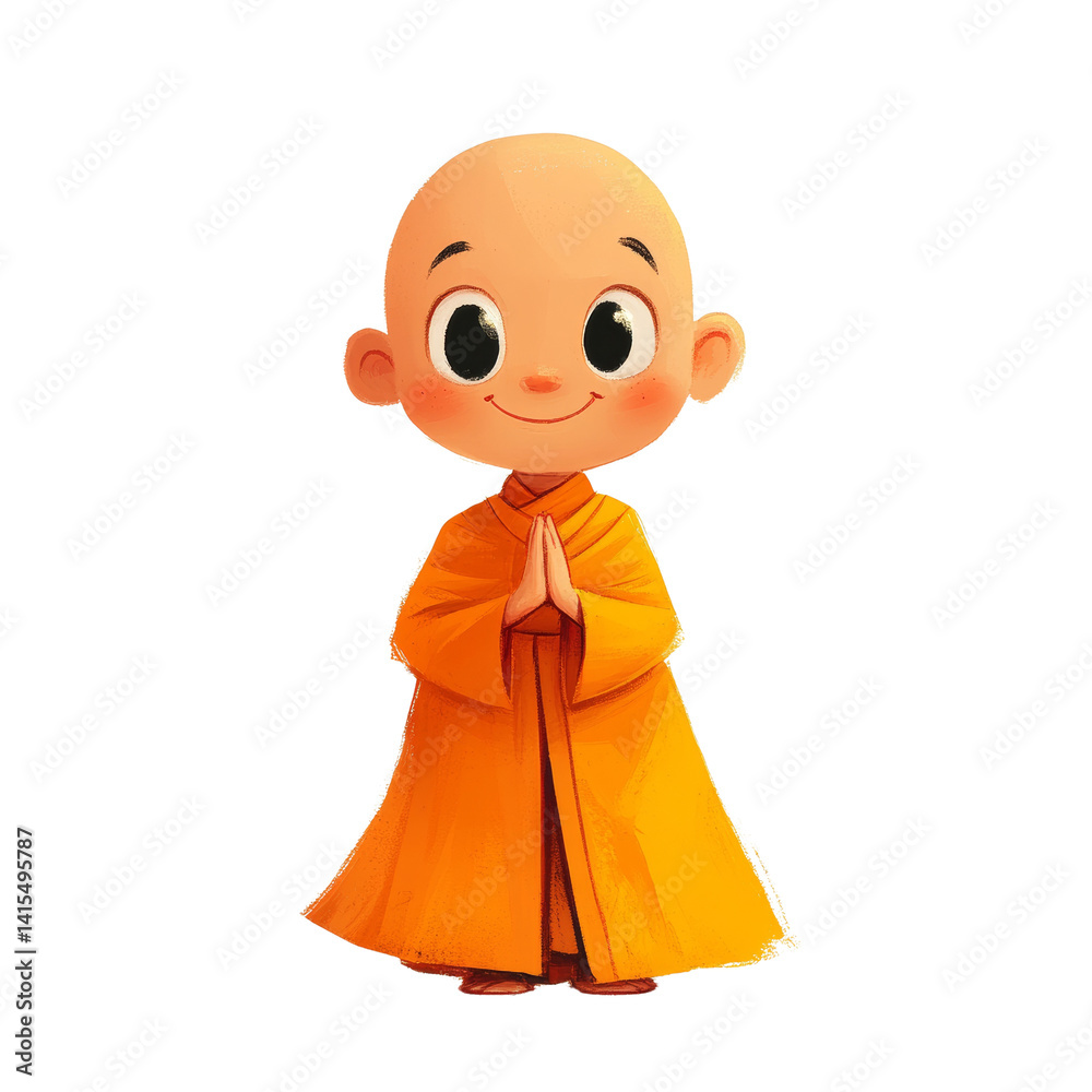 Cute cartoon monk character in peaceful prayer position against black background Cute cartoon monk character in peaceful prayer position against black background