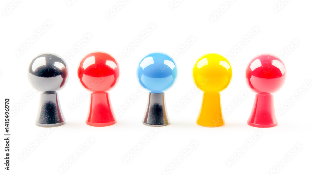 Obraz premium Colorful set of push pins on a white background, front view.