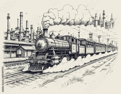 A retro steam locomotive in a smoke clouds moves quickly against the backdrop of industrial buildings, railway workshops and depots. Handmade drawing vector illustration. Art deco style