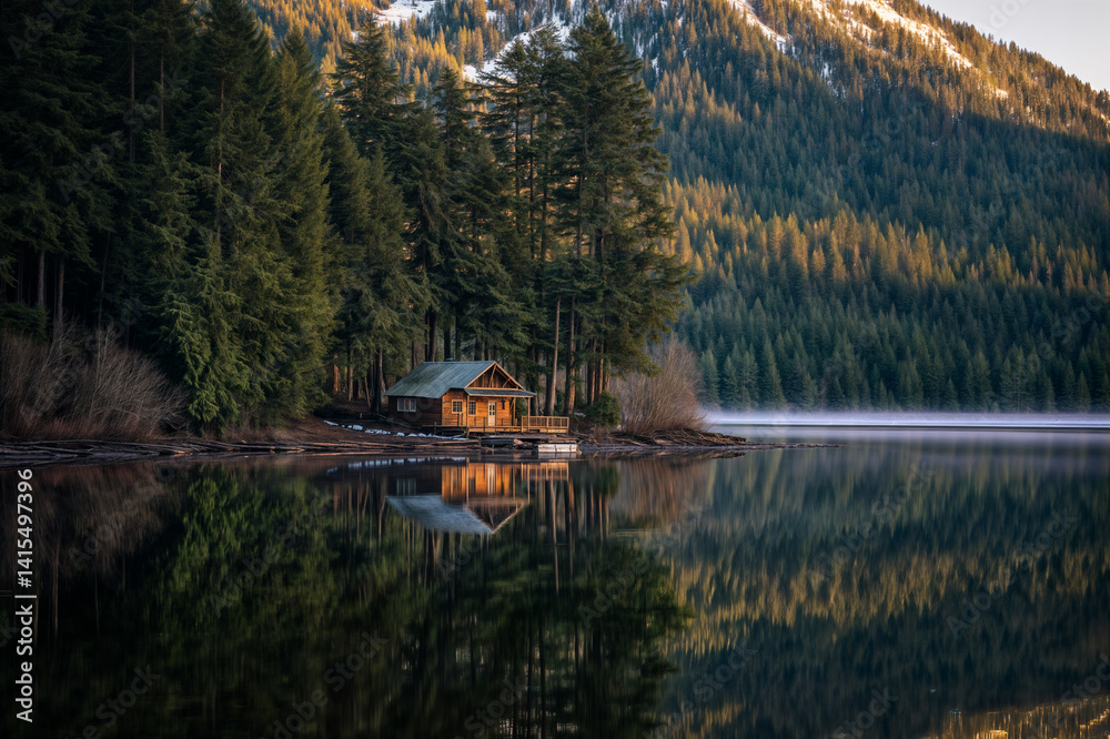 The image depicts a serene lakeside scene with a small wooden cabin nestled among tall evergreen trees